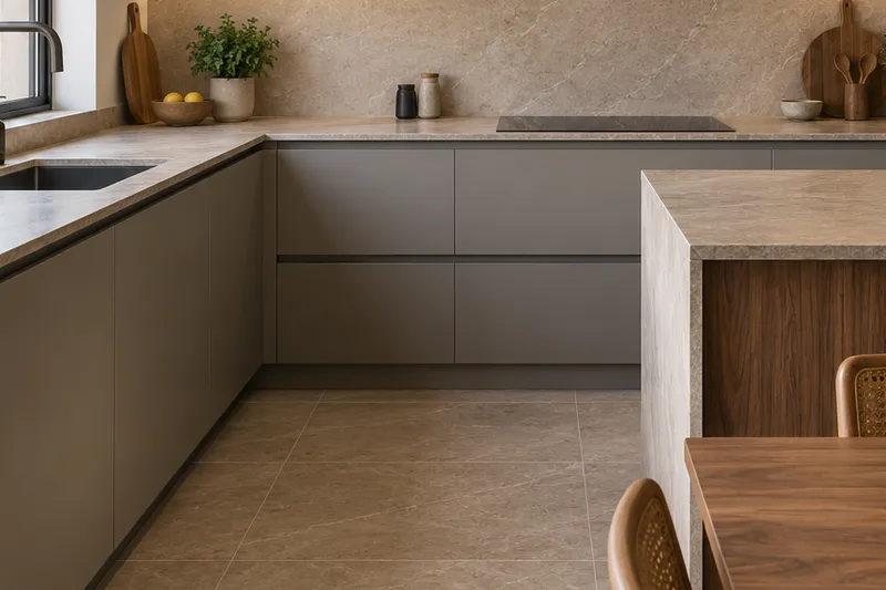 Visualización conceptual IA de cocina: Cocinas de Enrique Pastor. Detalle de materiales y distribución.